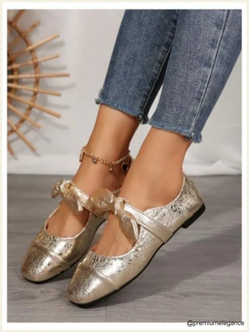 Metallic Ballet Flats Square Toe Bow Ballerina Shoes Synthetic